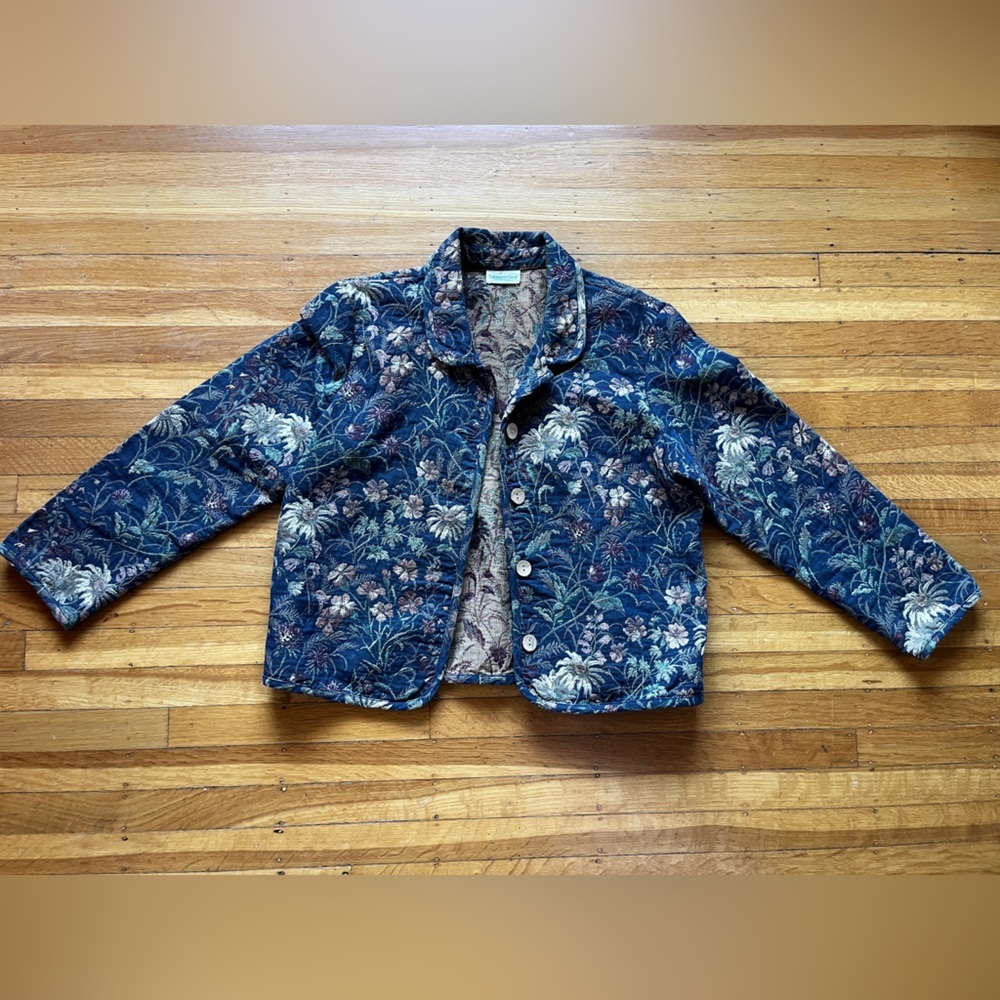 Vintage cottagecore Coldwater Creek boxy brocade floral jacket M L cotton blue